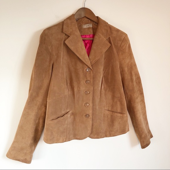 i.e. Women’s Genuine Leather Suede Tan Camel Blazer, size Large Button Front - Picture 9 of 16